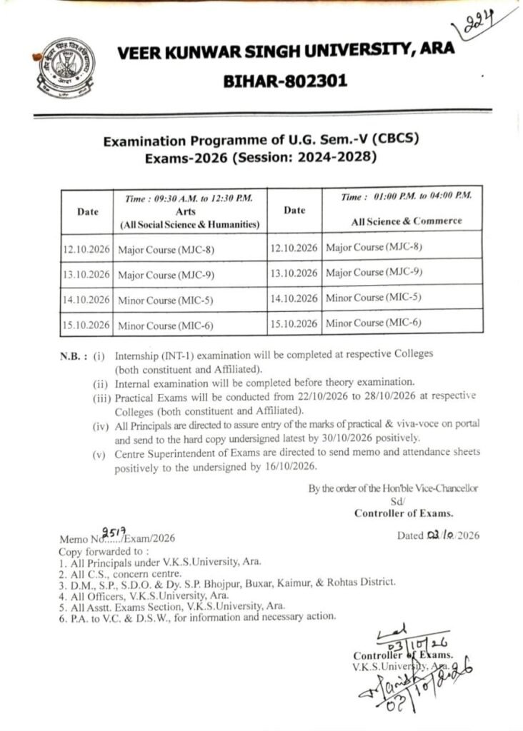 VKSU UG 5th Semester Exam Date 2026