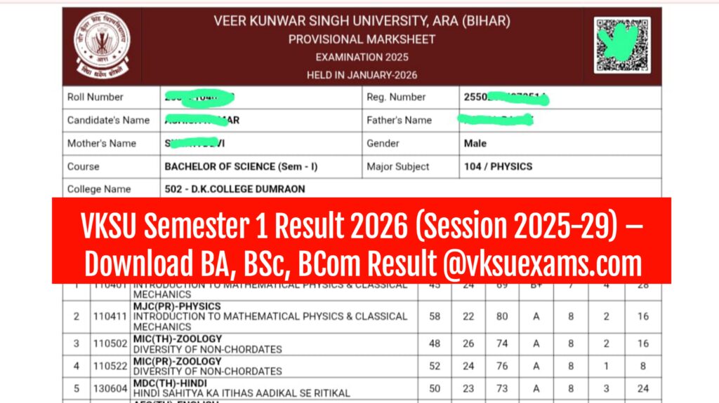 VKSU Semester 1 Result 2026 (Session 2025-29)