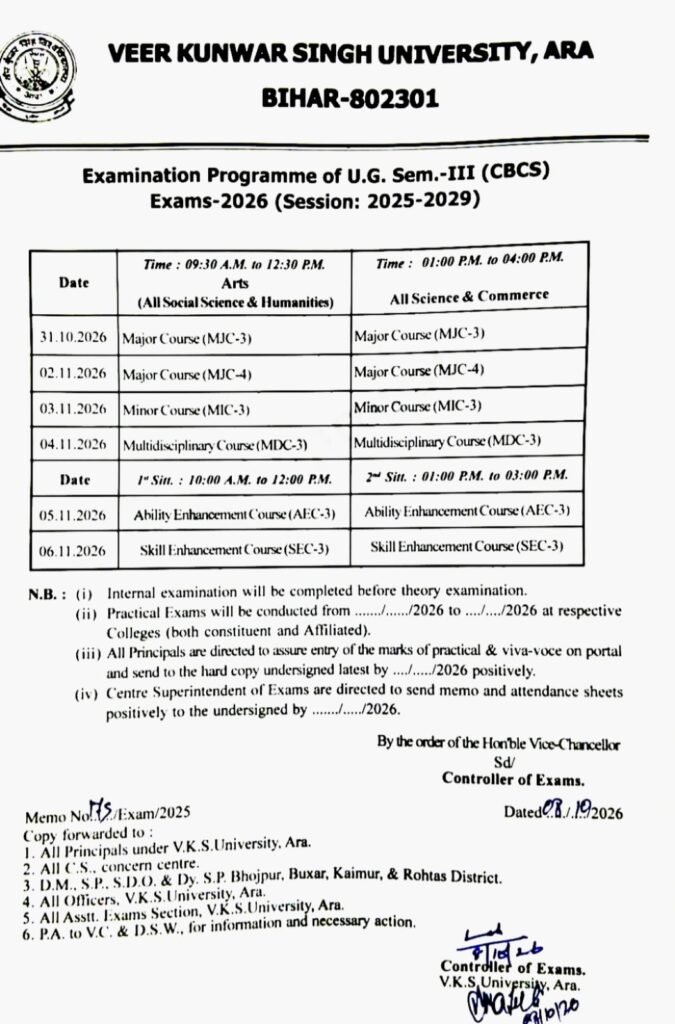 VKSU UG 3rd Semester Exam Date 2026